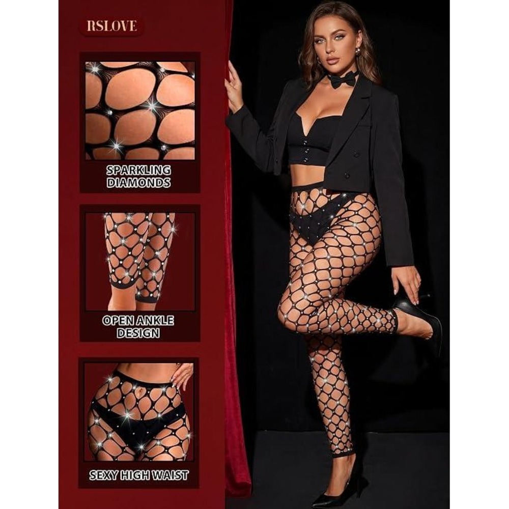 NEW RSLOVE Sinful Rhinestones Fishnet Pantyhose Stockings Womens One Size Black